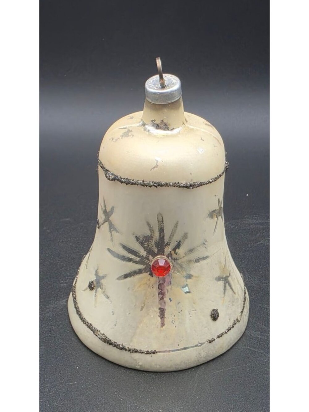 Vintage Mercury Glass Bell w Clapper Christmas Ornament Mica & Rhinestones
